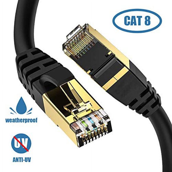 Cat8 Ethernet Cable, Shielded for Outdoor&Indoor, 25FT Heavy Duty 26AWG Cat8 LAN Cable, Weatherproof, with Gold Plated RJ45 Connector, 40Gbps 2000Mhz High Speed for Router/Gaming/Xbox/IP Cam
