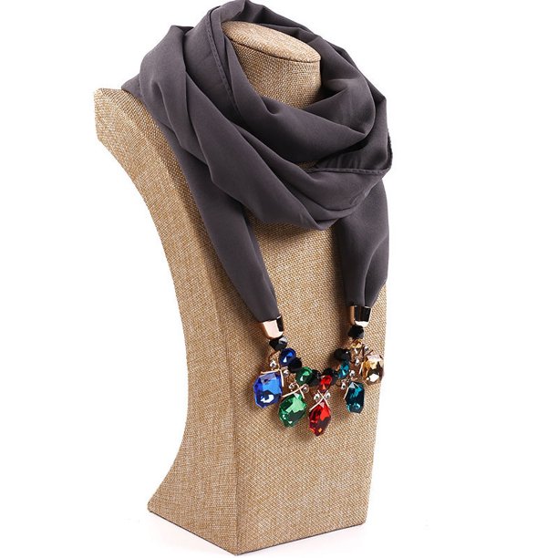 Bufanda de gasa con perlas de espejo y collar de aleación para mujer, bufanda de primavera, otoño e invierno