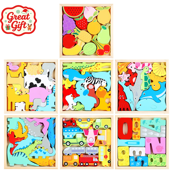 Wooden Chunky Jigsaw Puzzle, Stocking Stuffers Montessori Educational Toy, Preschool Fine Motor Developmental Toy, Christmas Birthday Gift for Toddler Boys Girls Ages 2 and Up