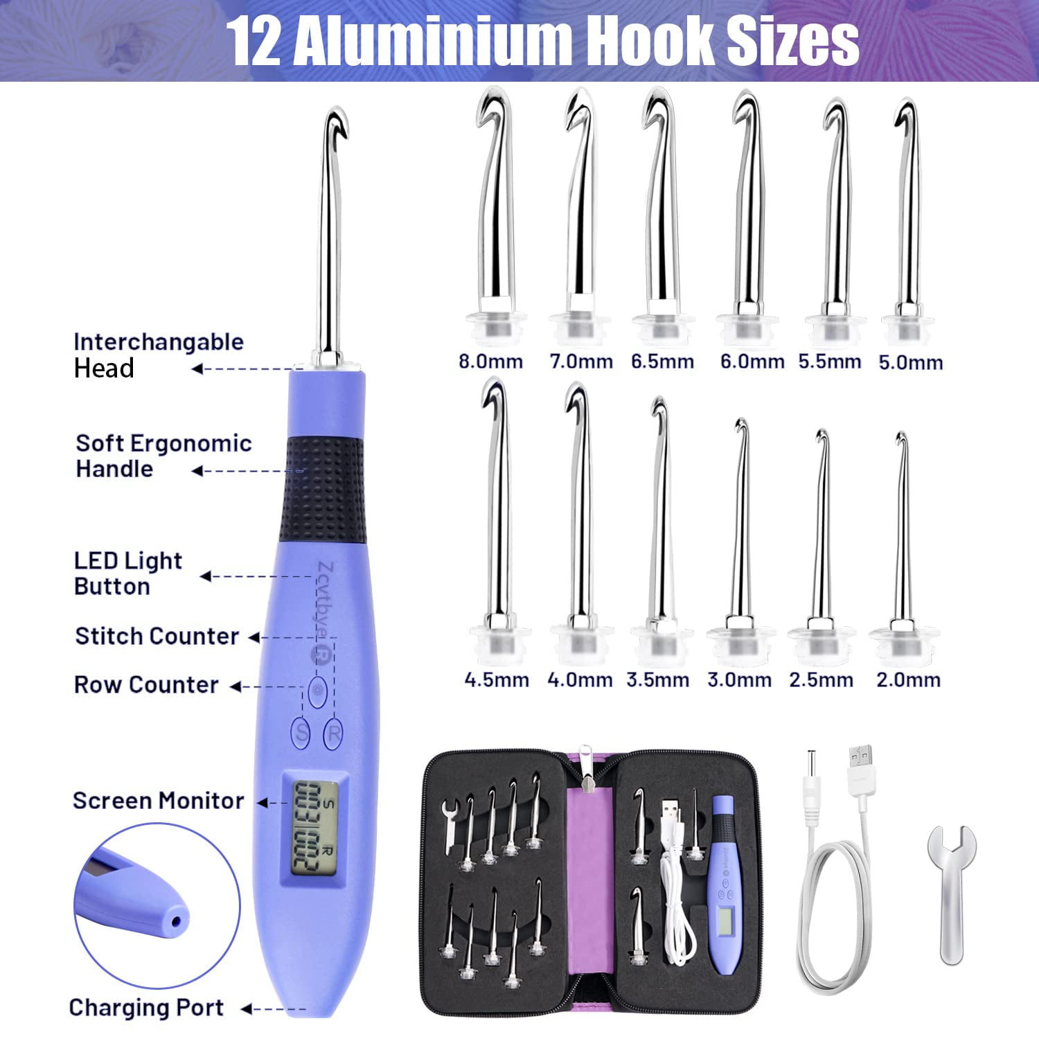 Ycxydr Digital Counting Crochet Hook Set with 12 Hooks, LED Light, Ergonomic Grip, Digital Stitch Counter