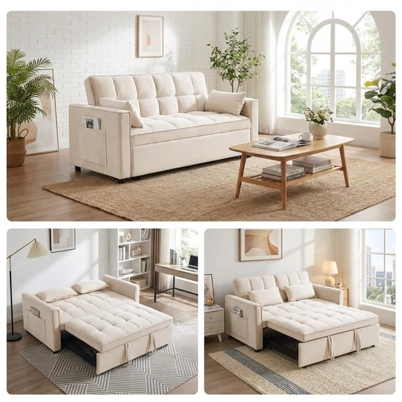 Xiweot 3 in 1 Convertible Sleeper Sofa Bed, 55" Pull Out Couch with Side Pockets, Velvet Loveseat Sofa with Adjustable Backrest for Living Room Bedroom Apartment (Beige)