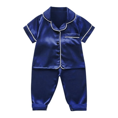 YOUSNH Toddler Kids Baby Boys Girls Satin Button Down Short Sleeve Shirt Tops + Long Pants Silk Pajamas Sleepwear Outfits Loungewear Set Girls Casual Set Navy 2-3 Years