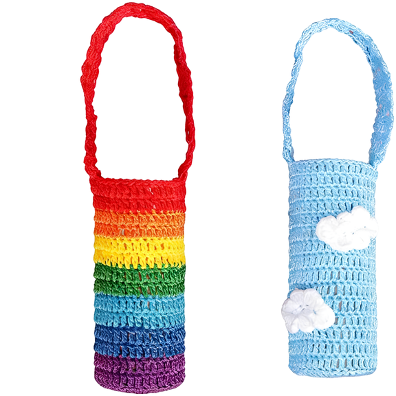 2 Pcs Handmade Crochet Water Bottle Sleeve Set, Rainbow and Blue Cloud, Thermal Insulation Cup Sleeve with Handle, Crochet Cup Holder for 500-800 ml Bottles