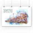 thumbnail image 2 of Seattle Skyline, Ferris Wheel, Watercolor (36x54 Giclee Gallery Art Print, Vivid Textured Wall Decor), 2 of 3