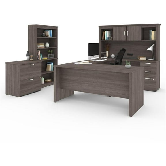 Pemberly Row 66" U-Shaped Desk with Hutch File and Bookcase in Bark Gray