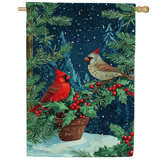 America Forever Cardinals Holly House Flag, 28 x 40 inch Double Sided, Winter Red Bird Berries Banner, Snow Nature Outdoor Decor, Holiday Outside Decorations Yard Flag