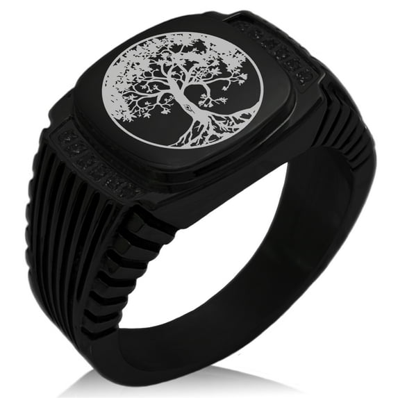 Stainless Steel Tree of Life CZ Ribbed Needle Stripe Pattern Biker Style Polished Ring
