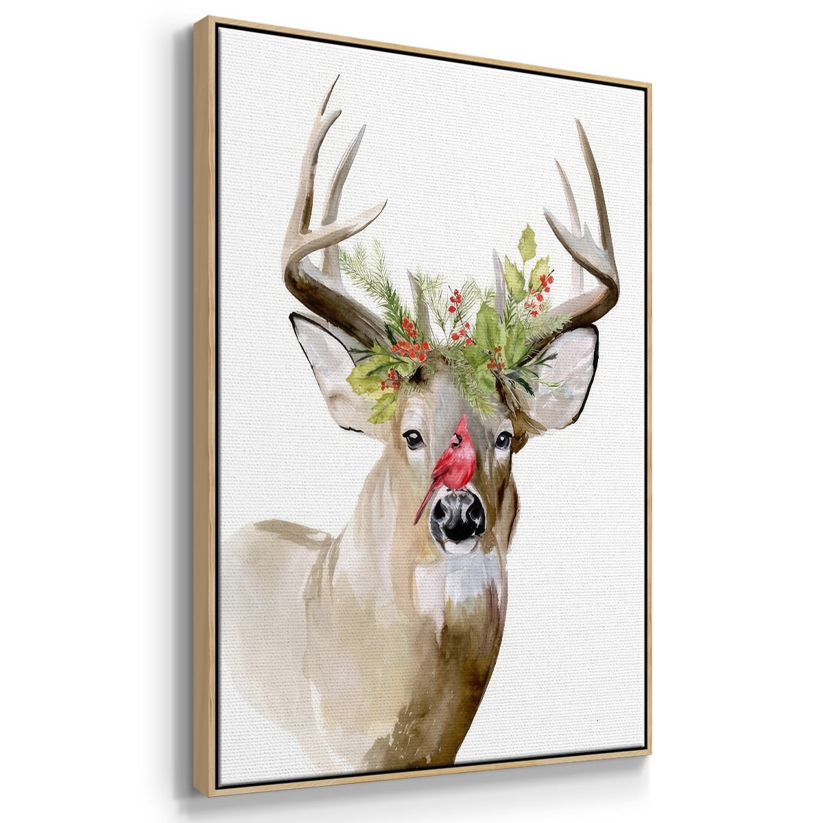 Holiday Deer II - Framed Gallery Wrapped Holiday Canvas - 17 x 25 - Natural Wood Frame