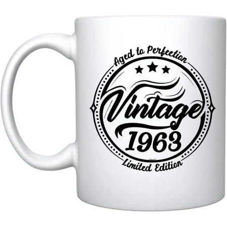 

Vintage 1963 Aged To Perfection Ceramic Coffee Mug 60th Birthday Gift For Him Her Sixty and Fabulous (White Porcelain)