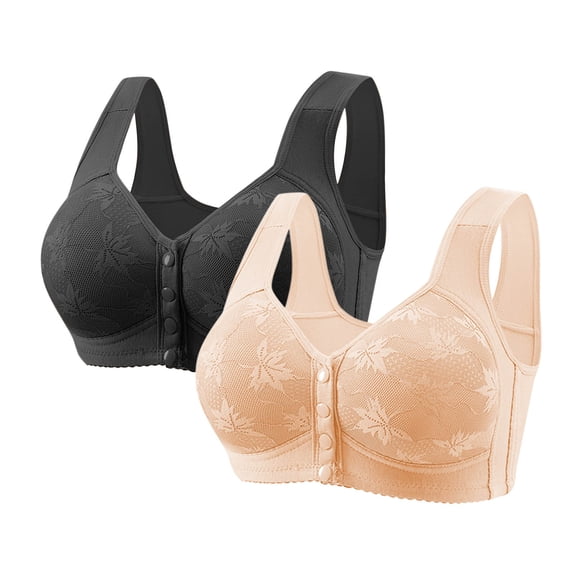 2 PCS Womens Front Closure Wireless Bras Full Coverage Push Up Bralettes Modest Embroidered Wide Straps Bras Multicolor, 36/80BC