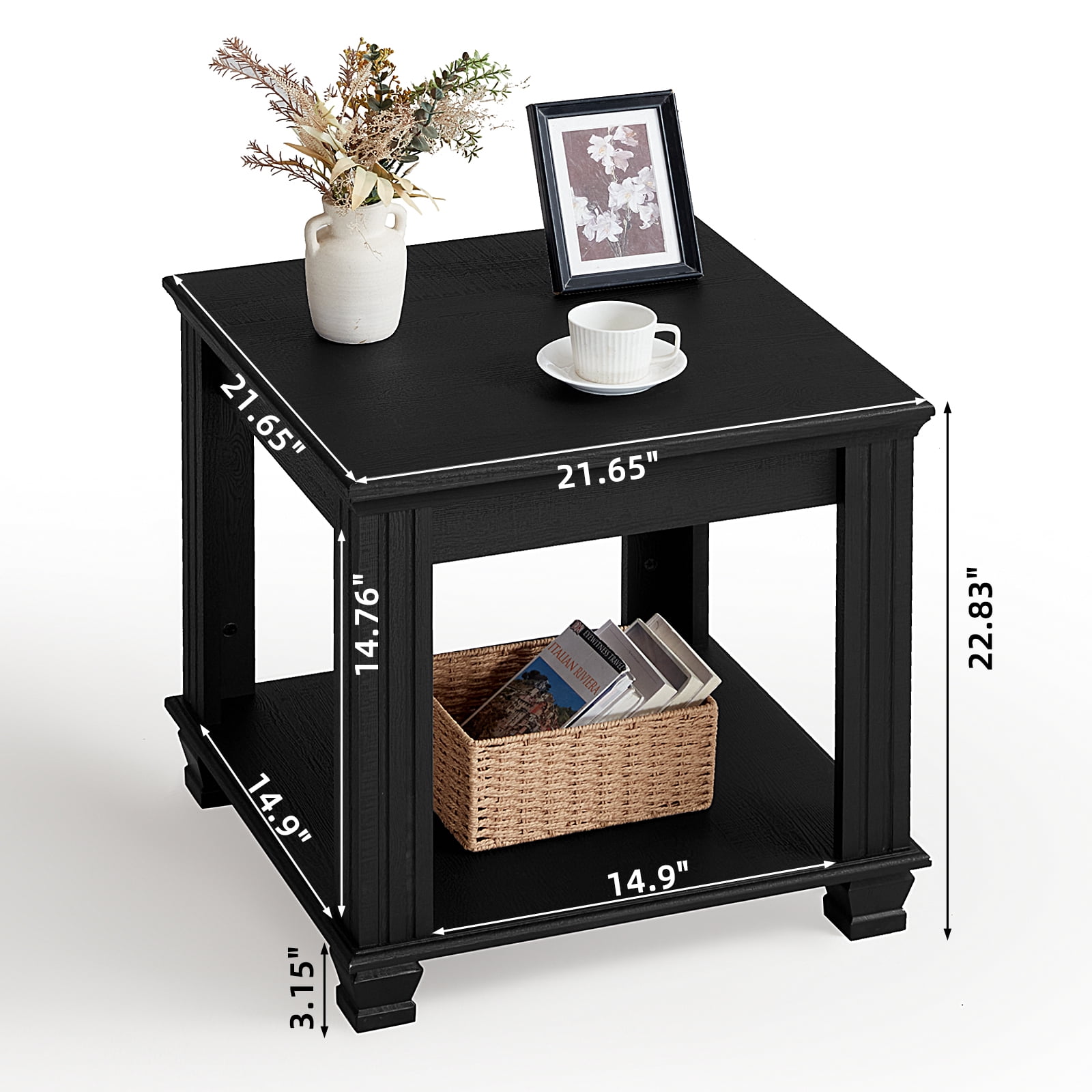 Buildhom Farmhouse End Table, Large 2-Tier Side Table with Storage Shelf, Rustic Brown Square Tea Table for Living Room, Black