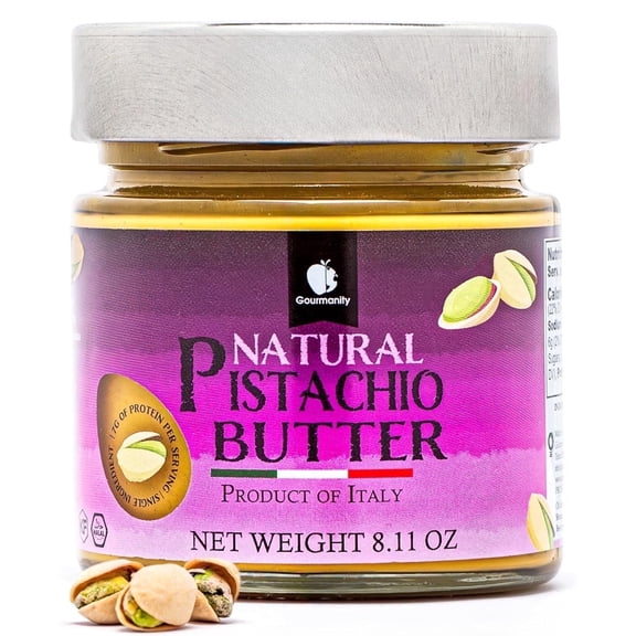 Gourmanity Pure Italian Pistachio Butter Spread, 100% Nut Deliciousness, Gourmet Pistachio Paste For Sweet And Savory Dishes, No Added Sugar, GF, Vegan, Keto and Paleo Friendly, Kosher And Halal Cert