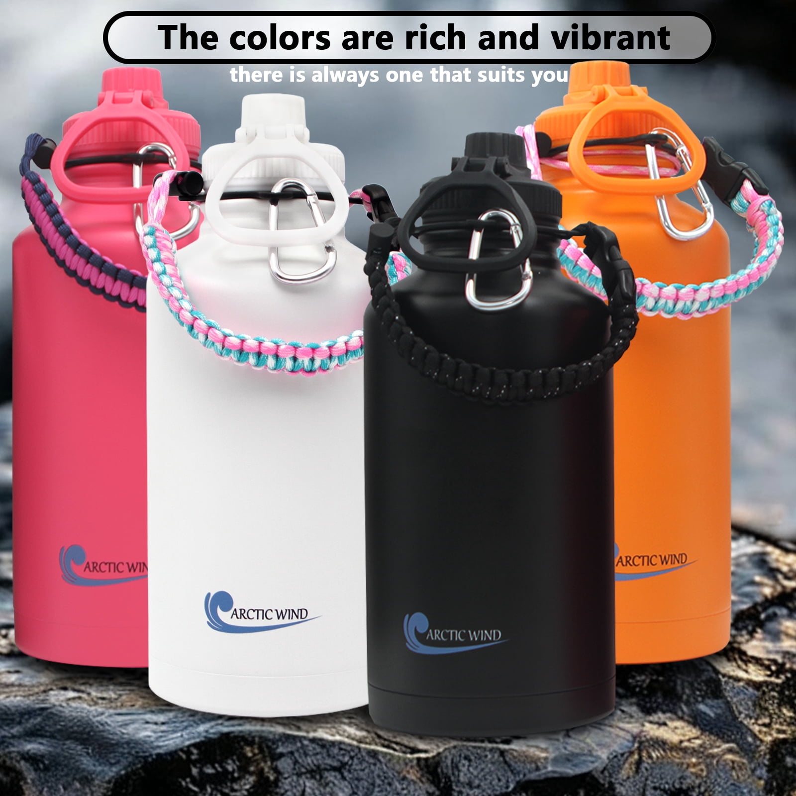 Arcticwind 64 oz Insulated Water Bottle, 304 Stainless Steel Leak Proof & BPA-Free, Half Gallon Water Bottle, Paracord Handle, 64oz Water Bottle Triple Wall Thermal Sweat-Proof Gallon Water Jug