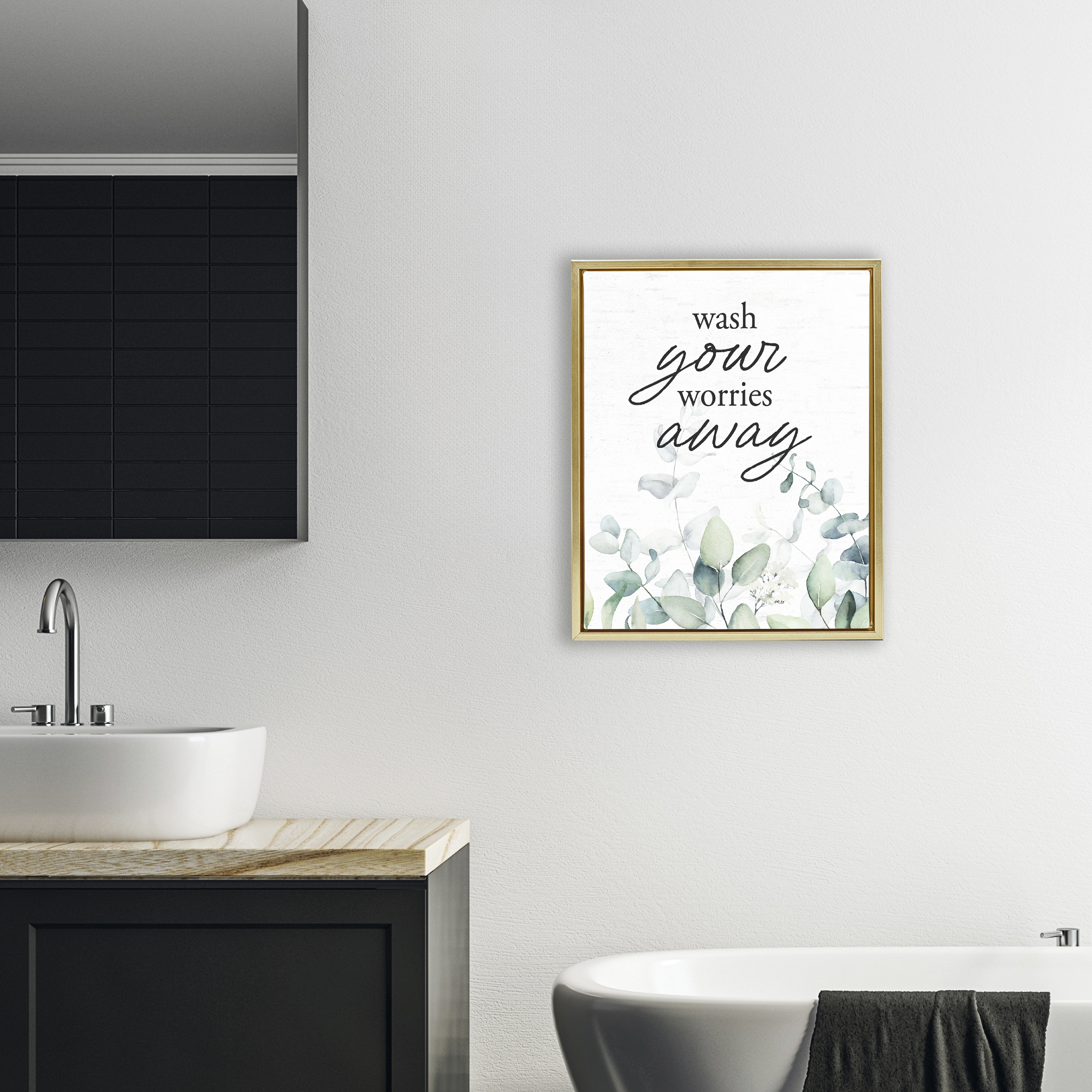 Wash Worries Away Herb Leaves Gold Framed Floater Canvas Wall Art, design by Lettered and Lined