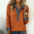 thumbnail image 2 of KDDYLITQ Womens Denim Collar Sweatshirts Color Block Denim Collar Cuffs Sweater Button Up Denim Patchwork Top 2025 Dressy Pullover Saffron L, 2 of 4