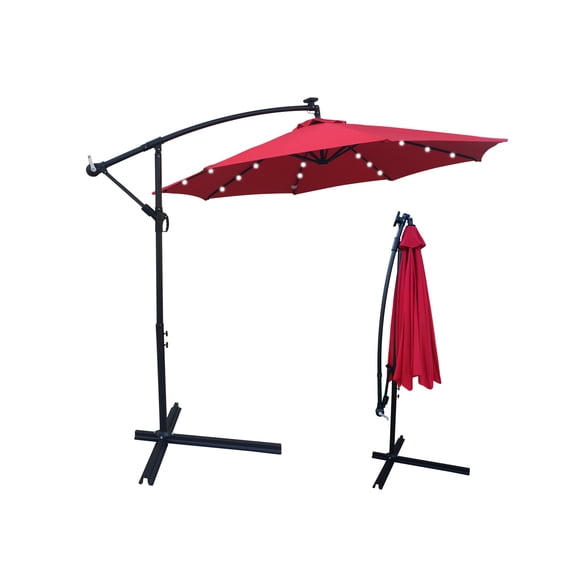 8 Ribs Outdoor Patio Umbrella with Solar Powered LED, Sun Shade Umbrella with Wind Vent, 10 ft Waterproof Umbrella with Crank and Cross Base, Suitable for Garden, Backyard, Swimming Pool, Red