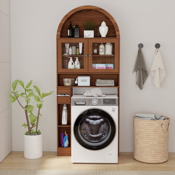 Furtivusia Over The Toilet Storage Cabinet, 4 Tier Storage Shelf Organizer, Arched Cabinet with Glass Doors, Walnut