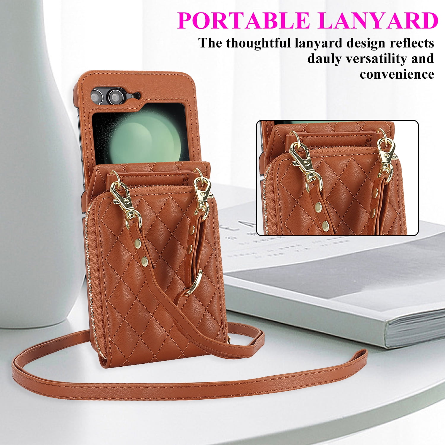 Allytechgroup Galaxy Z Flip 7 Wallet Case with Hand Wrist Shoulder Strap, Premium PU Leather Cards Slots Zipper Pocket Shockproof Protective Phone Case Cover for Samsung Galaxy Z Flip7, Brown