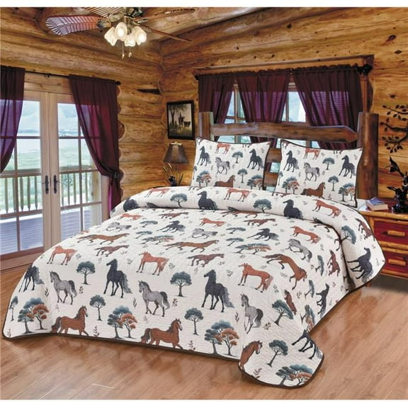 De Leon Collections 63837 Horse Field Western Wild Mustang Herd Rustic Country Farmhouse Decorative Bedding Set Queen Quilt   2 Pillow Shams
