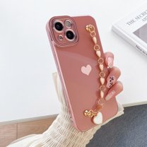 Dteck Plating iPhone Xs Case / iPhone X Case for Women & Girls with Love-Heart Strap Bracelet Chain Soft Flexible Glossy TPU Bumper Protective Phone Cases for iPhone XS/X, Pink