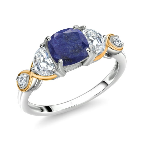 Gem Stone King 925 Silver and 10K Yellow Gold 3-Stone Ring Cushion Lapis Half Moon Moissanite and Lab Grown Diamond (1.66 Carat Cttw, Size 9)