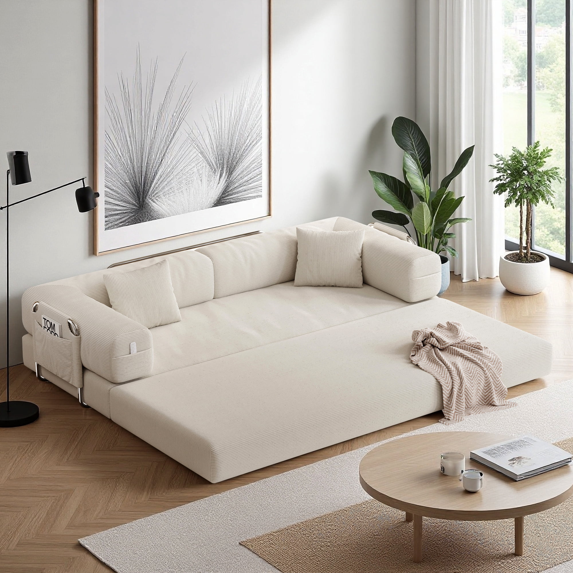 79" Convertible Sofa Bed ,CARZZI LIFE Compressed Floor Boneless Couch Modular Corduroy Sleeper Sofa, Folding Mattress Couch for Small Spaces - No Assembly Needed in Beige with Storge