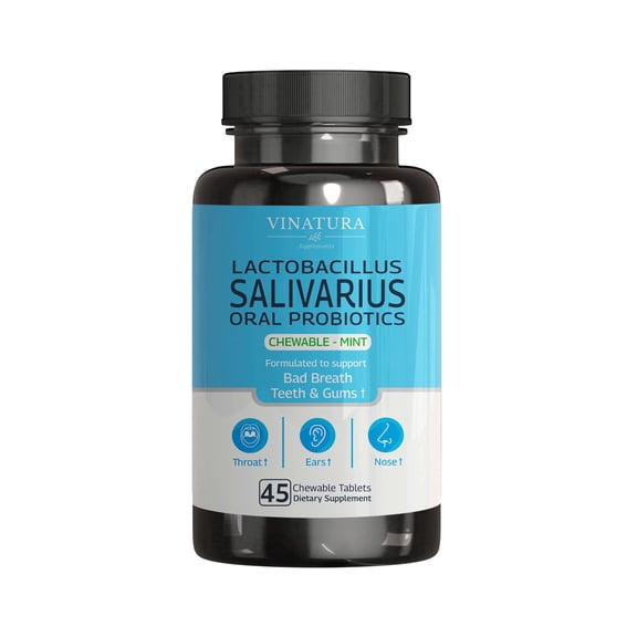 Vinatura Lactobacillus Salivarius Oral Probiotics - Mouth Bad Breath Treatment for Adults, Dental probiotics for Teeth - 45 Chewable Mint Tablets