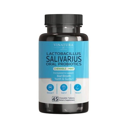 Vinatura Lactobacillus Salivarius Oral Probiotics - Mouth Bad Breath Treatment for Adults, Dental probiotics for Teeth - 45 Chewable Mint Tablets