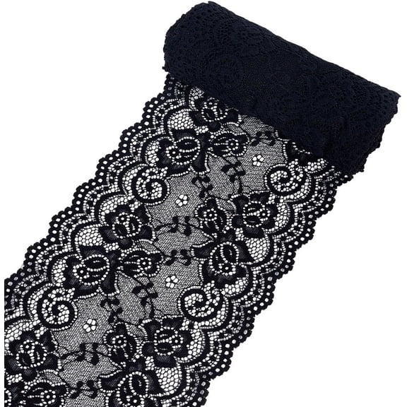 1 Skein 5 Yards 6.25 Inch Black Lace Ribbon Roll Wide Scalloped Polyester Stretch Elastic Trim Vintage Floral Pattern Stretchy Fabric for Sewing Making Crafts Dress Costume Wedding Tablecloth Supply
