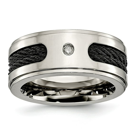 Grey Titanium Ring Band Wedding Diamond Round Black IP-plated Cables with Diamond 10mm Polished