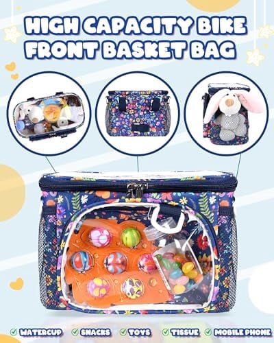 Kids Bike Basket, Front Handlebar Bag for Kids Girls Bikes, Waterproof Small Bike Basket with Zipper for Toddler Scooter Tricycle Bicycle