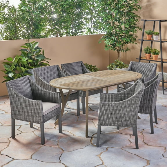 Bruno Outdoor 7 Piece Acacia Wood and Wicker Dining Set with Cushions, Gray, Gray, Silver