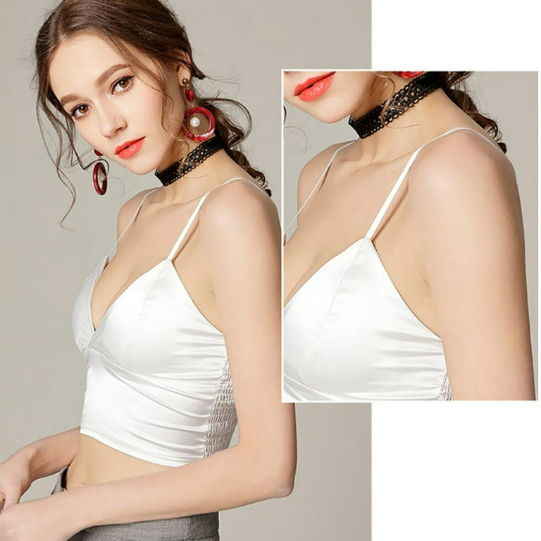 Silk Satin Bralette Womens Triangle Bra Deep V Neck Crop Tops for Girls  Wireless Bra,White