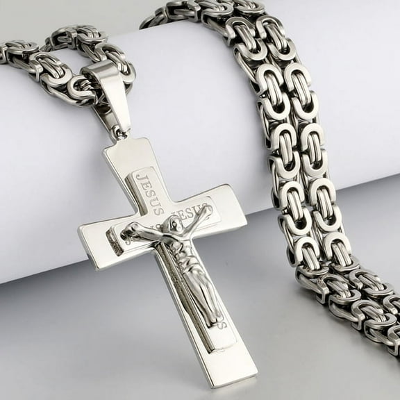 Lordluxury Orthodox Cross Pendant Necklaces for Men 14K White Gold Catholic Jesus Necklace Silver Color Byzantine Chains Male Jewelry