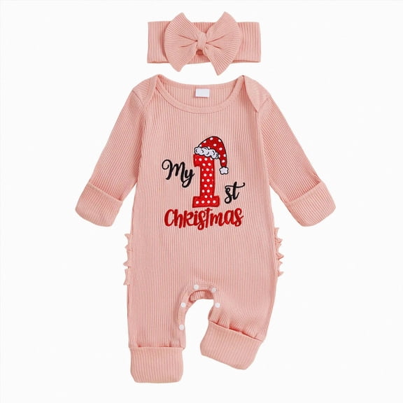 Nwiuh My First Christmas Baby Girl Outfit Newborn Onesie Embroidery Long Sleeve Romper Headband Fall Winter Clothes (Pink, 0-3 Months)