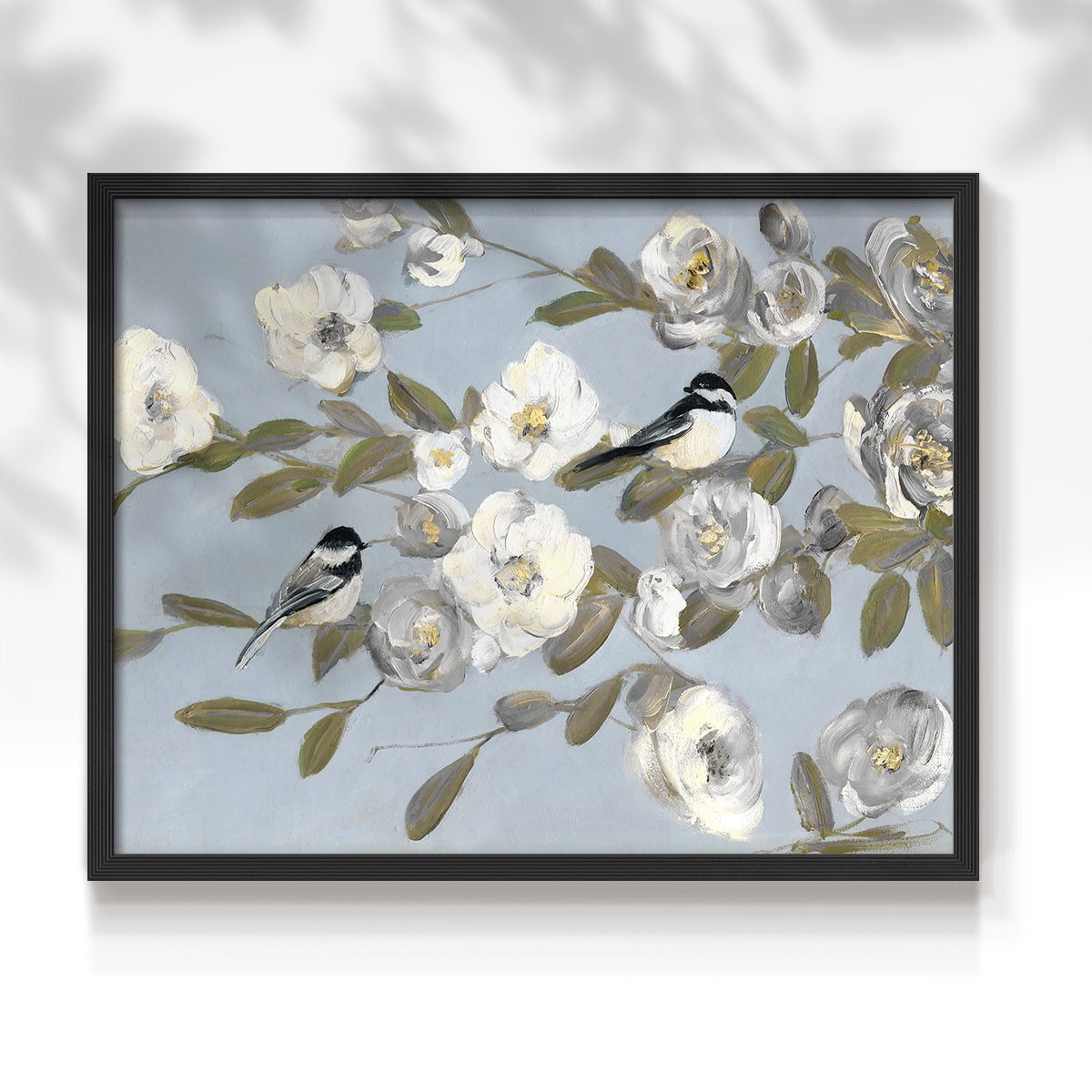 Chickadees and Blossoms I by Sally Swatland - Restickable Framed Giclée Print