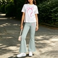 thumbnail image 5 of Yuanlook Kids Matching Outfit Set Short Sleeve Crew Neck Top Elastic Flare Pants Bow Print Casual Set for Girls, 5 of 6