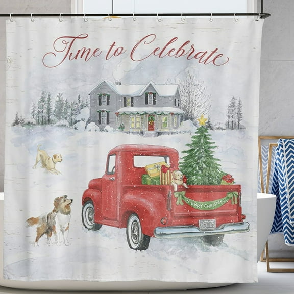 Christmas Shower Curtain for Bathroom Vintage Xmas Red Truck Tree and Funny Dog Shower Curtain Set Rustic Bathroom Decor 72"X72"