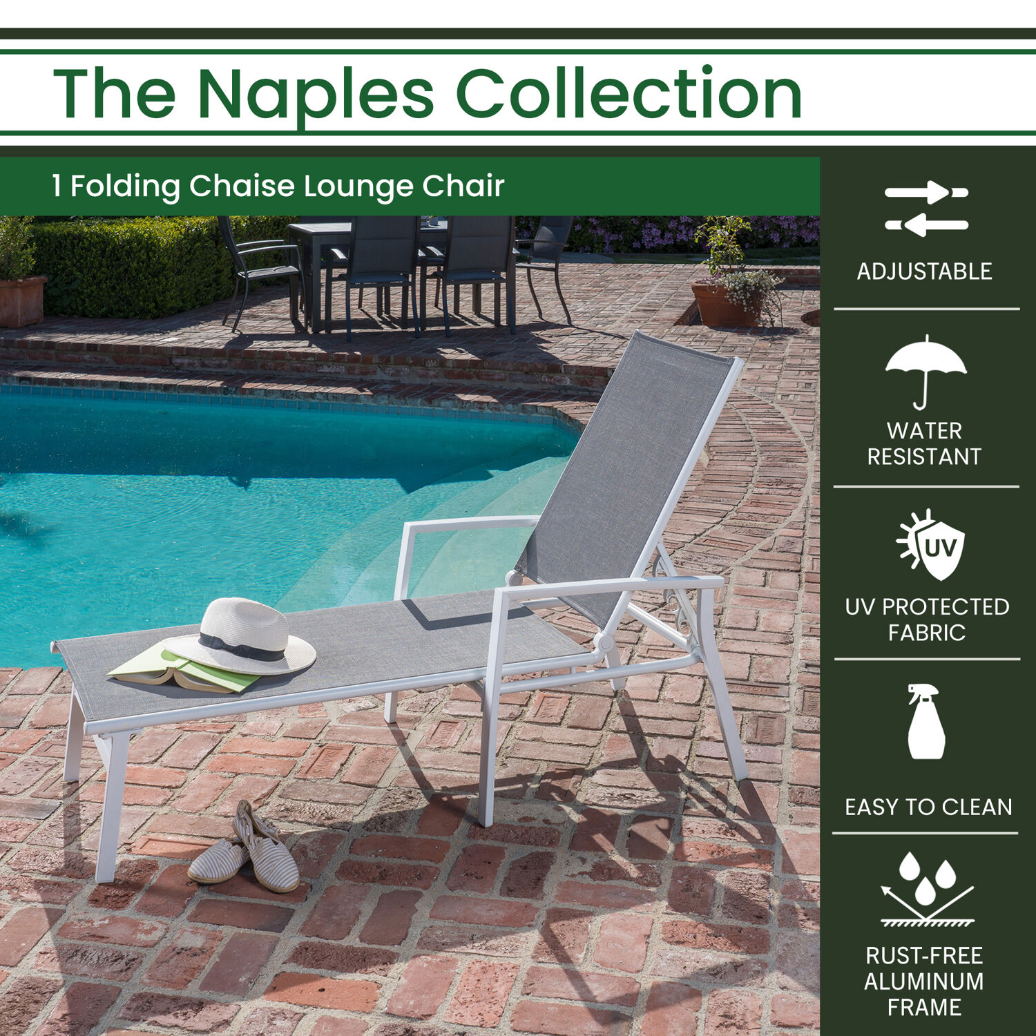 Hanover Naples 2x2 Sling Outdoor Folding Chaise Lounge Chair, Gray - image 5 of 19