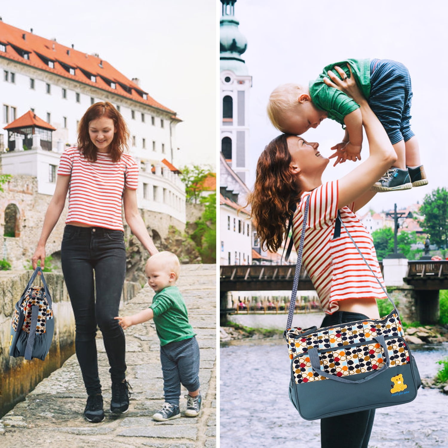 5Pcs Tote Diaper Bag TeqHome Nappy Changing Bag Adjustable Shoulder Strap Mummy Bag with Bottle Holder Grey