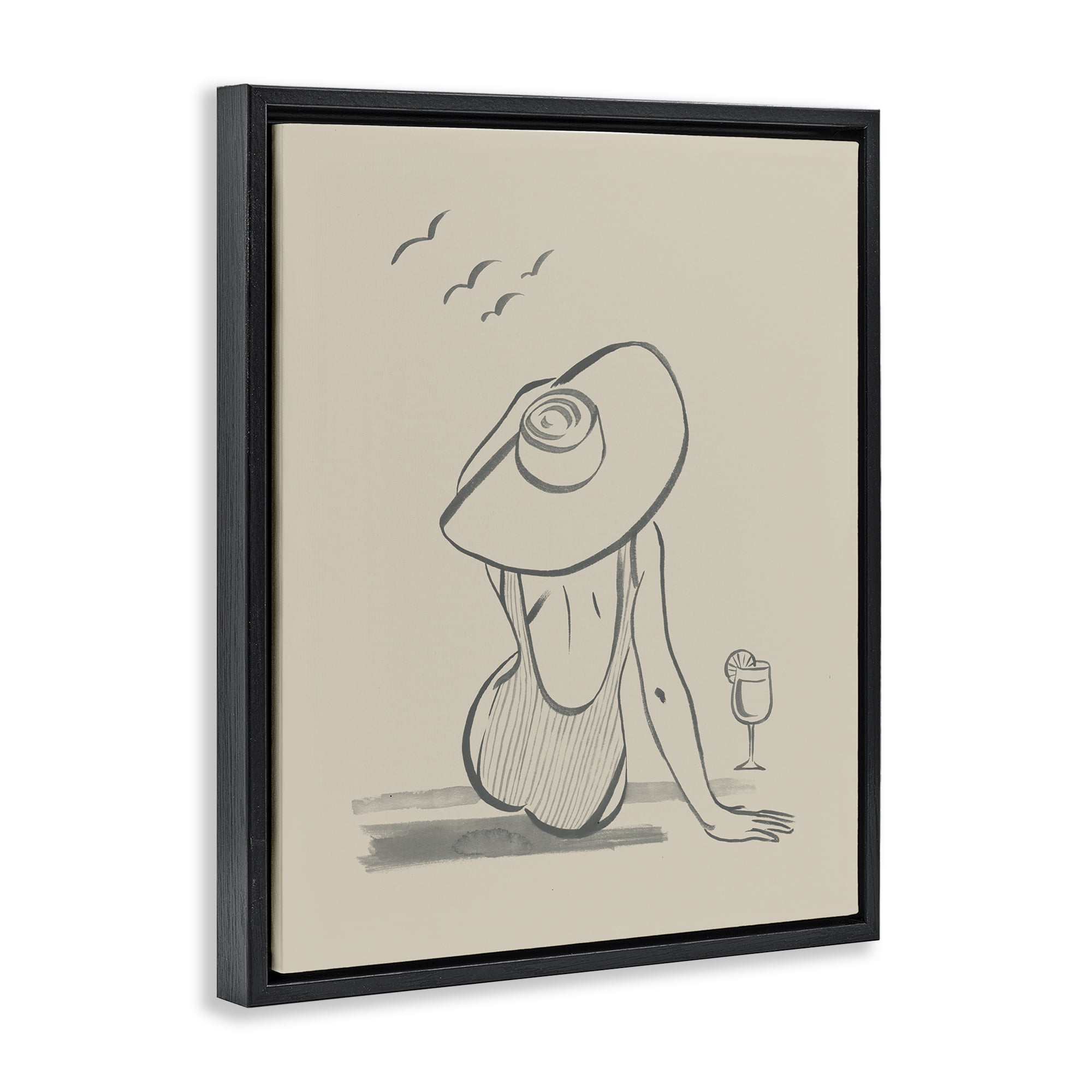 Stupell Industries Beach Day Drawing Novelty Drawing Black Floater Framed Canvas Art Print Wall Art, 17 x 21