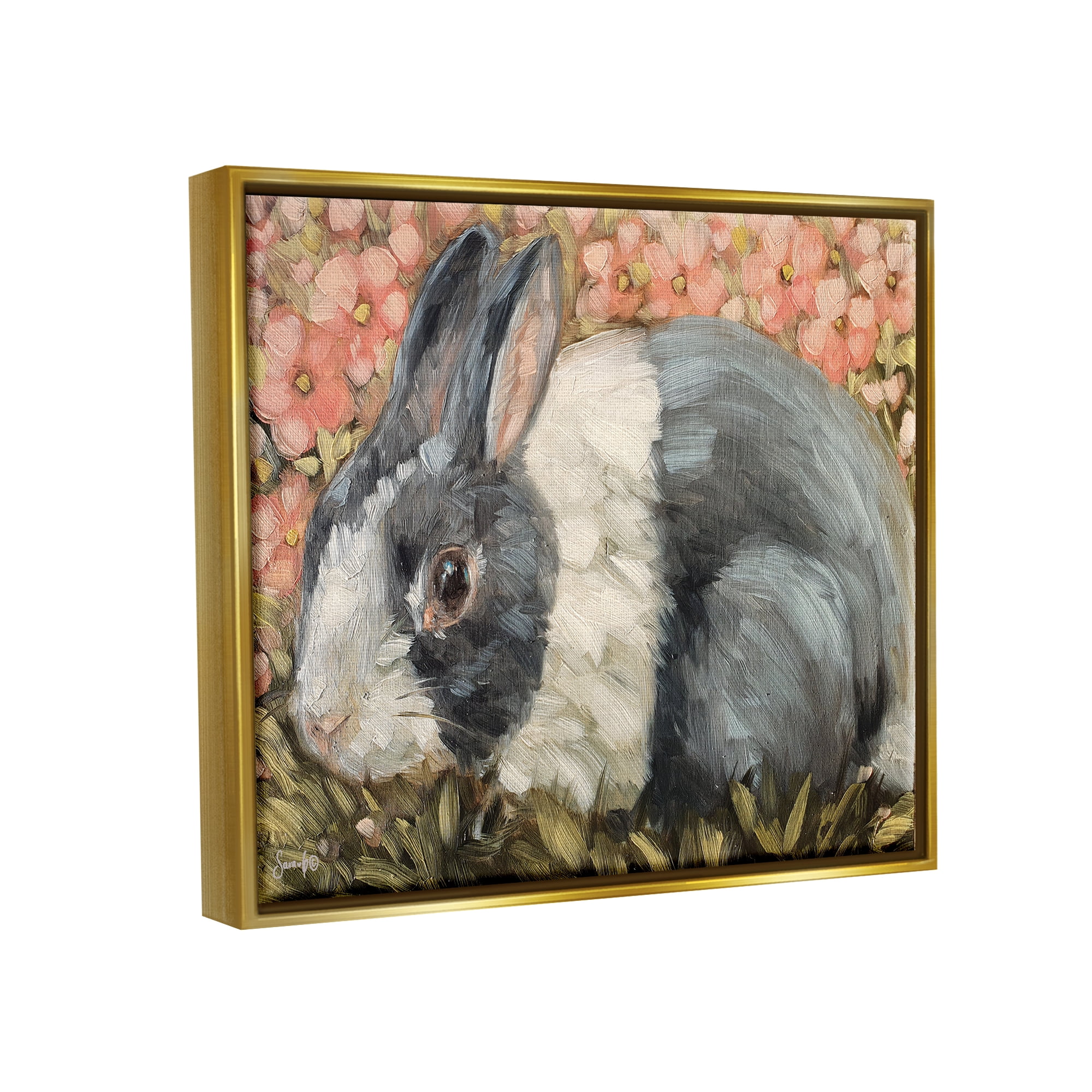 Stupell Wild Rabbit Pink Blooming Meadow Animals & Insects Painting Gold Floater Framed Art Print Wall Art