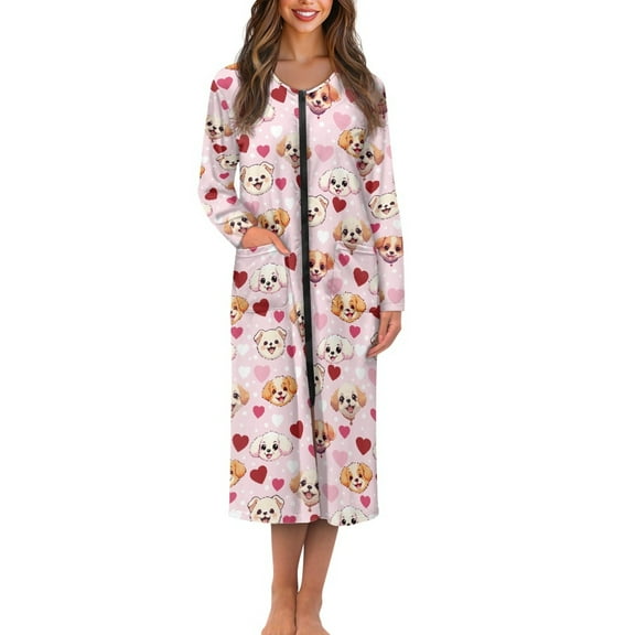 FOR U DESIGNS Poodle Bichon Frise Dog Pattern Womens Nightgown Soft Long Sleeve Woven Housecoat Zip Up Duster Robe Sleep Dress Long Sleeve Night Shirts with Pockets, S