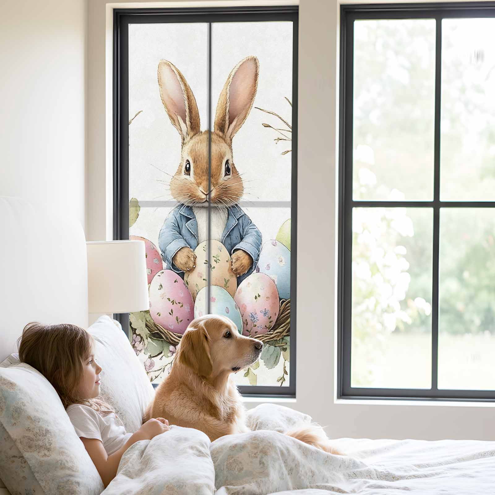 Easter Bunny Window Privacy Film, Funny Rabbit Pink Blue Green Eggs Spring Floral Leaf Frosted Glass Window Clings Static Cling UV Heat Blocking Reusable Door Sticker for Bedroom 23.6x59 Inch