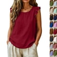 thumbnail image 2 of Linen Tank Tops for Women Ruffle Short Sleeve Summer Tops Cute Crew Neck Casual Blouses (M,Wine), 2 of 9