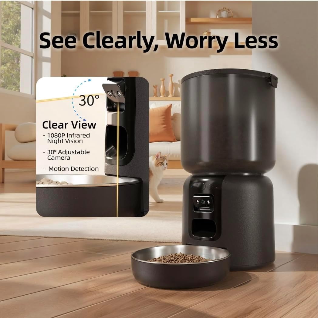 Automatic Cat Feeder and Waterer Set, 4L App Control Smart Cat Feeder with 2MP Camera, WiFi, Anti-Clog for Mix Food, 2.2L Filtered Pet Water Fountain with LED Light, Stainless Steel Bowl, Dual Power
