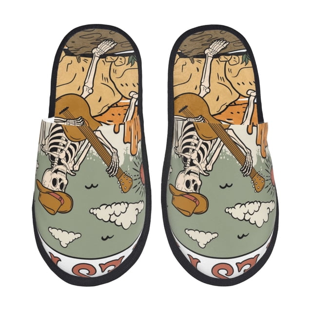 Fotbe Skeleton Cowboy And Guitar Pantuflas Peludas para Mujer con Estampado, Zapatillas de Peluche, Zapatos de Invierno para Casa, Uso Interior y Exterior-Medium