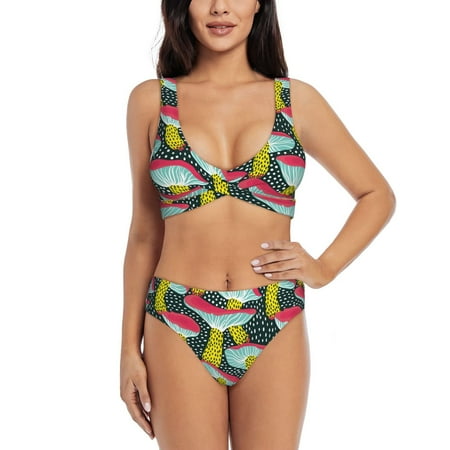Zeuib Green Mushroom High Waisted Tummy Control Bikini Set - Knot Front Push Up Top & Cheeky Thong Bottom  Two-Piece Swimsuit for Women-Small