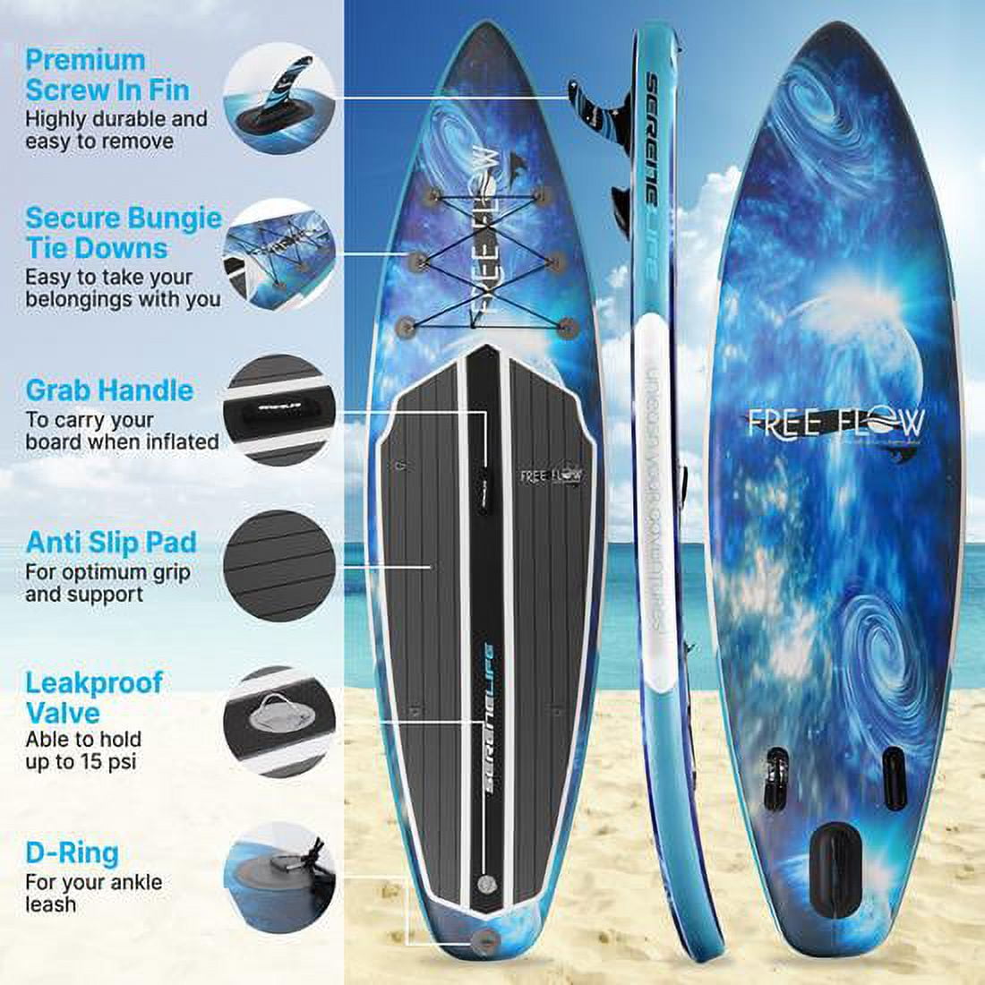 SereneLife Inflatable Stand Up Paddle Board (6 Inches Thick) with Premium SUP Accessories & Carry Bag | Wide Stance, Bottom Fin for Paddling, Surf Control, Non-Slip Deck | Youth & Adult Standing Boat