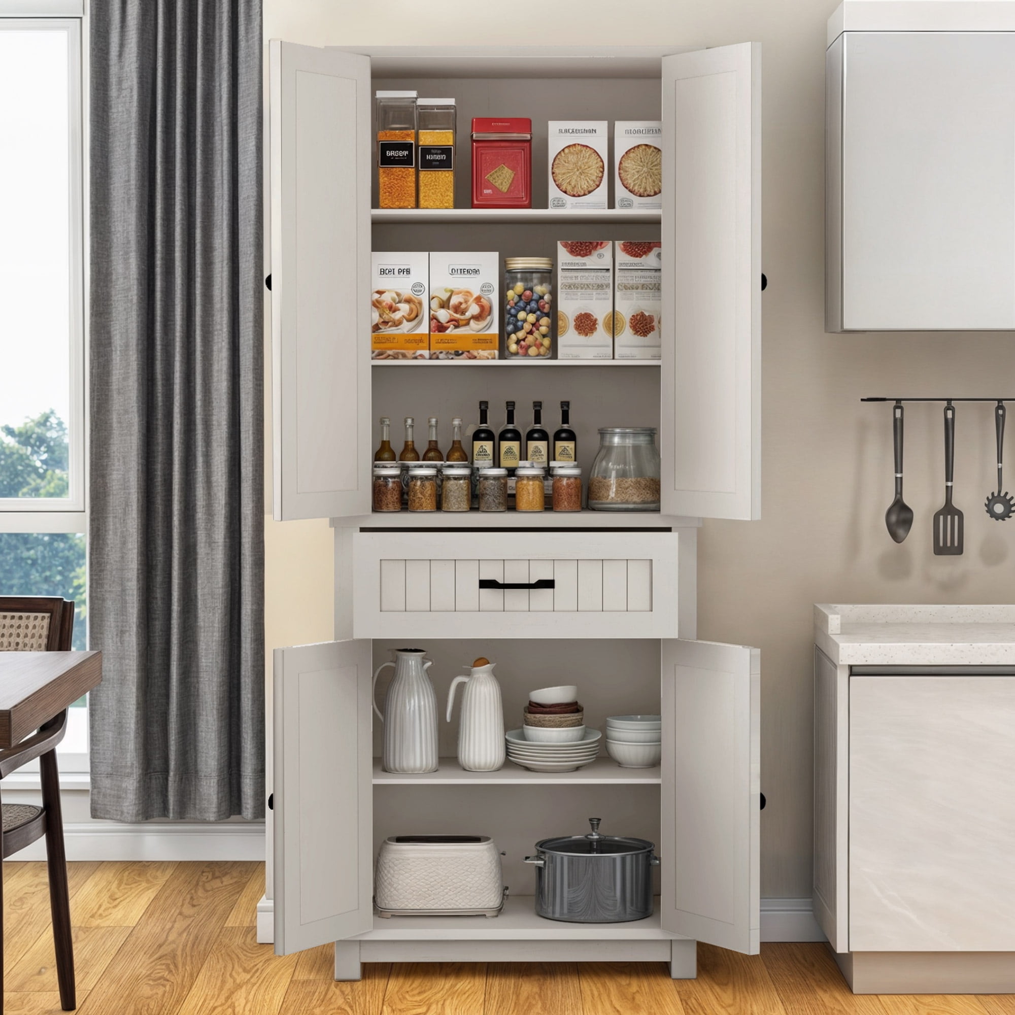 DWVO 72" Pantry Cabinet with Doors and Adjustable Shelves, Kitchen Storage Cabinet with Drawer, Oak White